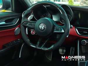 Alfa Romeo Giulia Custom Steering Wheel - Carbon Fiber - Round Top/ Flat Bottom - QV Models - Perforated Leather Alfa Romeo Giulia Custom Steering Wheel - Carbon Fiber - Round Top/ Flat Bottom - QV Models - Perforated Leather